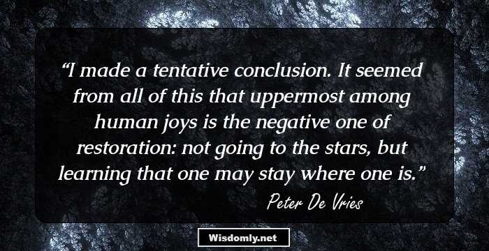 I made a tentative conclusion. It seemed from all of this that uppermost among human joys is the negative one of restoration: not going to the stars, but learning that one may stay where one is.